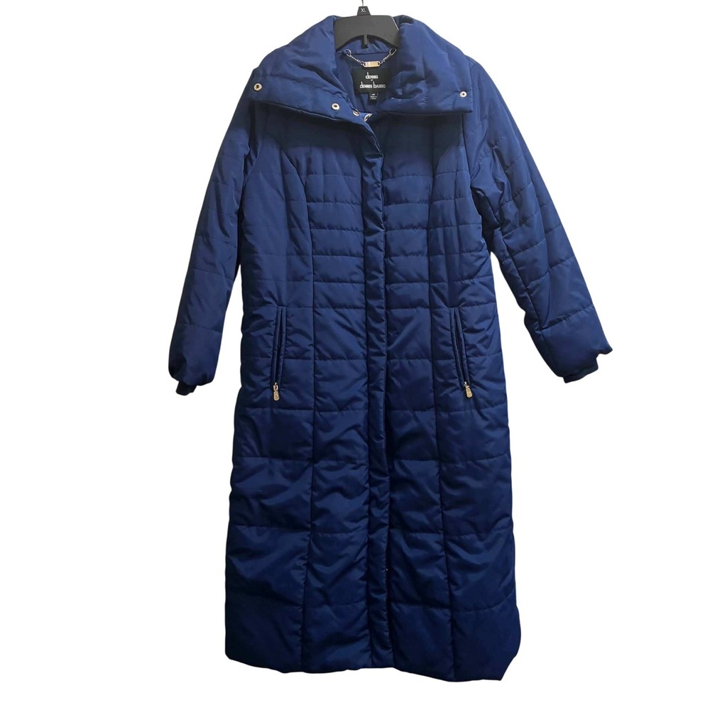 Dennis Basso Puffer Coat Womens MP Blue Long Quilted Hooded Winter Silver Tone
